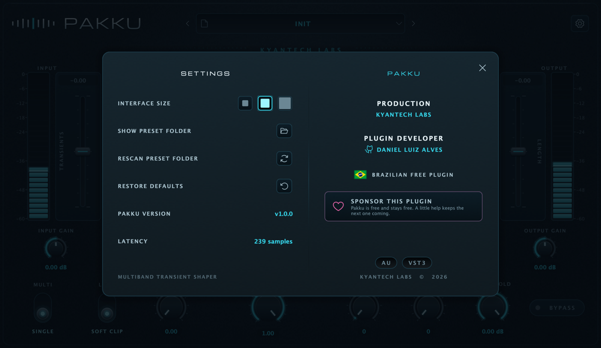 Pakku settings and product information panel